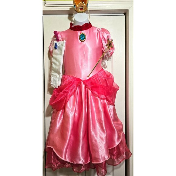Princess Peach Costume Super Mario Dress Tiara Wand Gloves Earrings Girls 7-8 - Picture 1 of 8